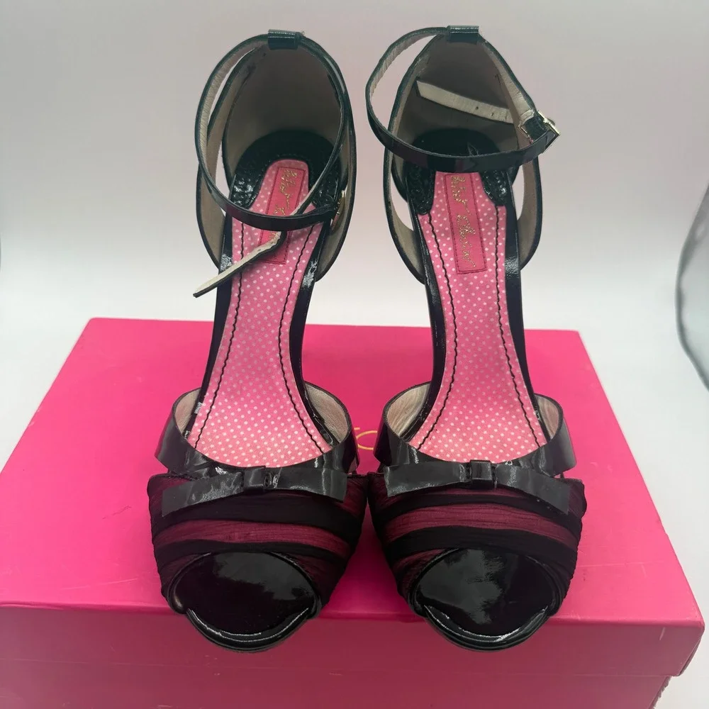 Betsey Johnson Gail Heels Women 9 Black Pink Patent Chiffon Pinup Y2K Pumps